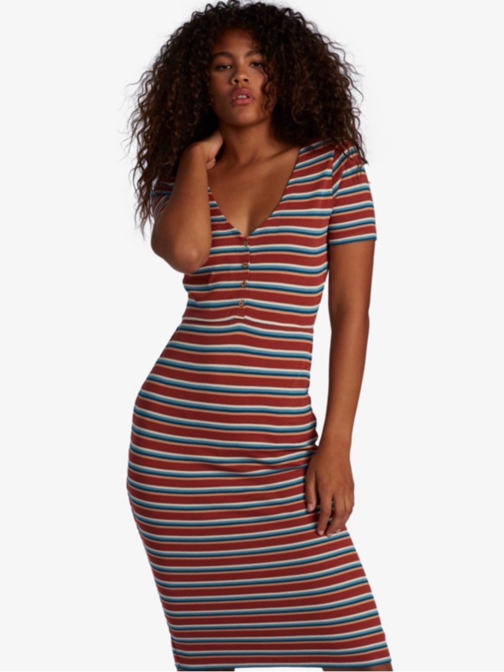 Roxy Striped V-Neck Midi Dress in Rust, Teal & Navy
